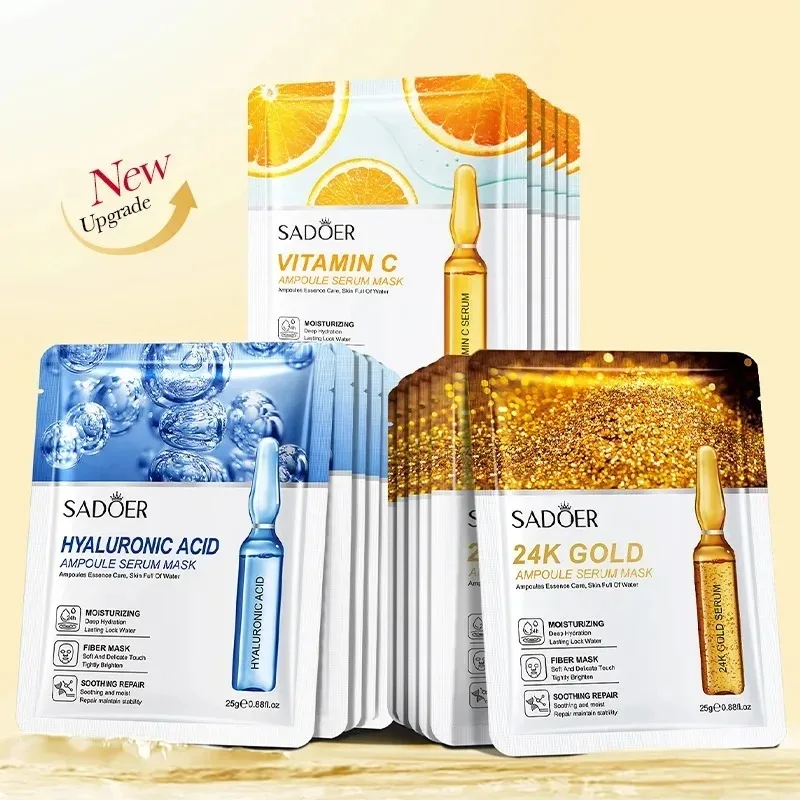 SADOER Ampoule Serum Sheet Mask Set — Vitamin C, Hyaluronic Acid & 24K Gold, 15 Pack