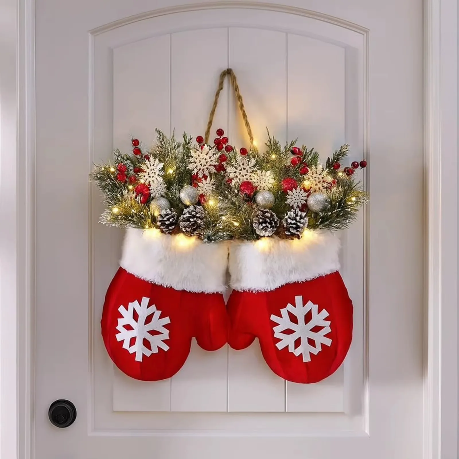 Christmas Gloves Wreath with Light with Light Design Wreath Hanging Ornaments for Christmas Indoor Outdoor Wall Decor