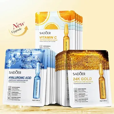 SADOER Ampoule Serum Sheet Mask Set — Vitamin C, Hyaluronic Acid & 24K Gold, 15 Pack